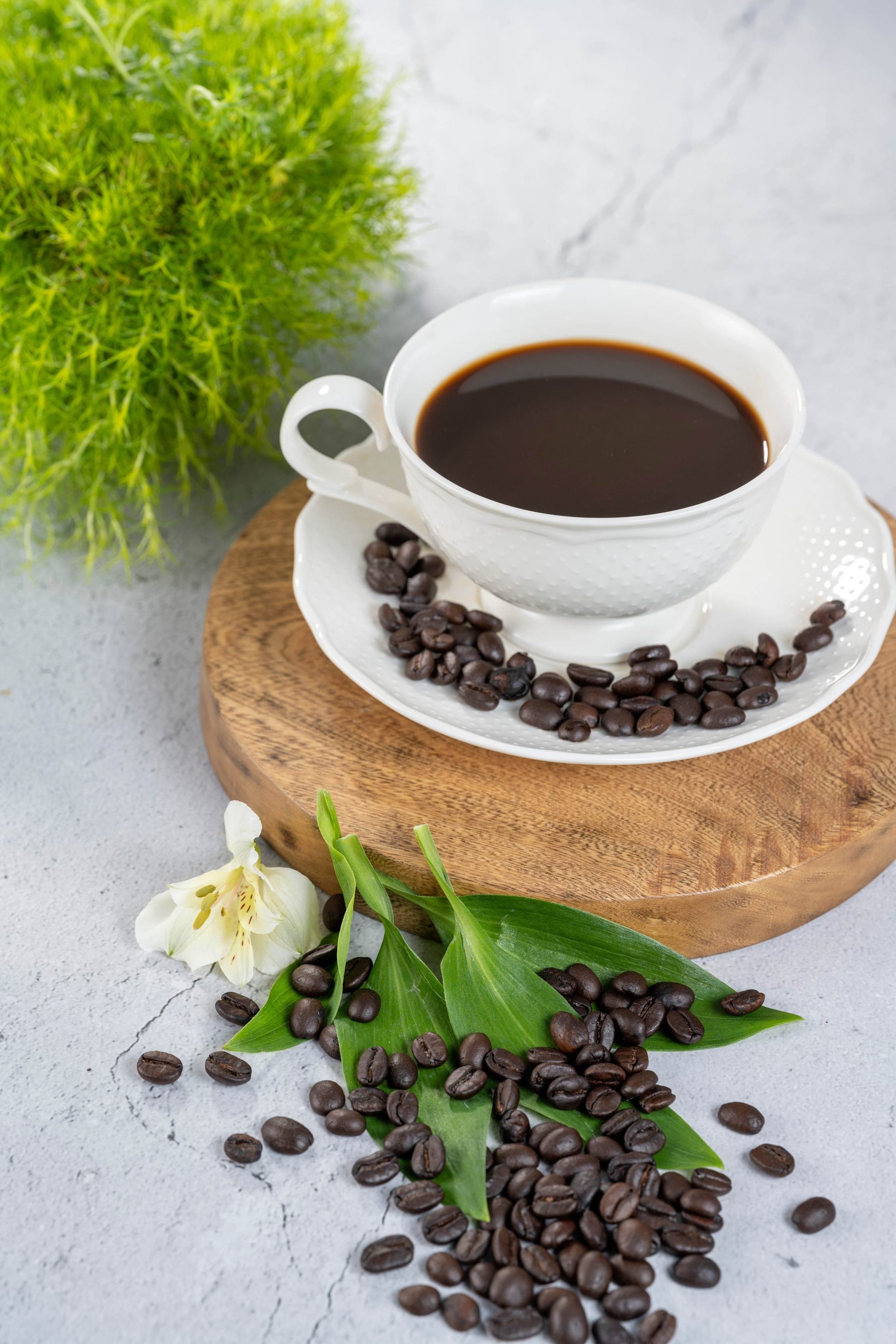 Fresh coffee with greenery